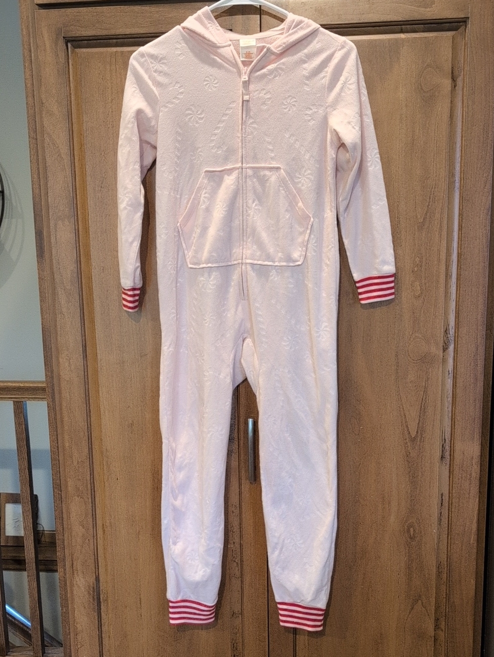 Cat & Jack Light Pink Hooded Holiday One-Piece Pajamas with Red-Striped Cuffs